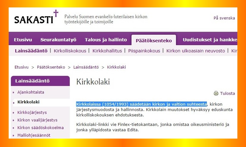Sakasti ja kirkko todistavat valtionkirkosta